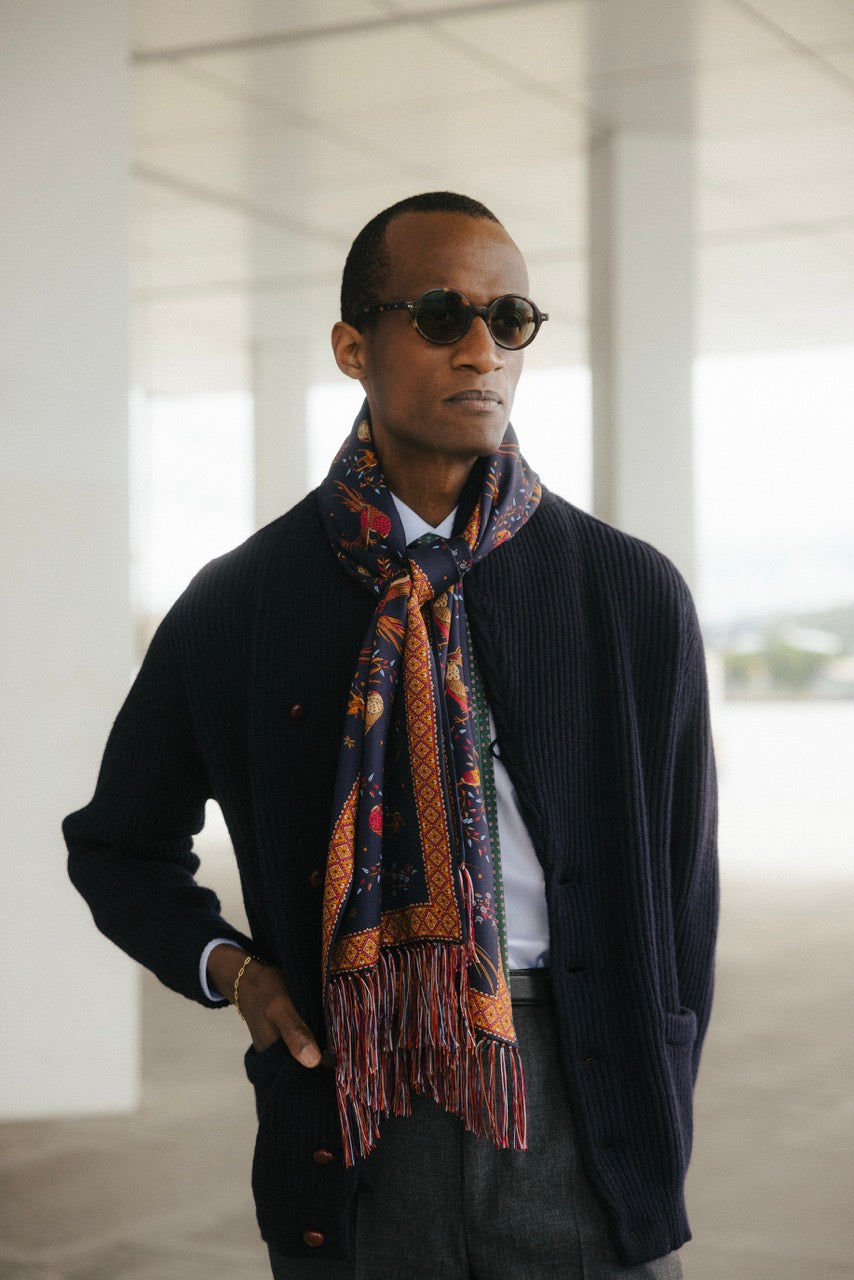 Navy Birds of Paradise Print Tubular Silk Tasselled Scarf