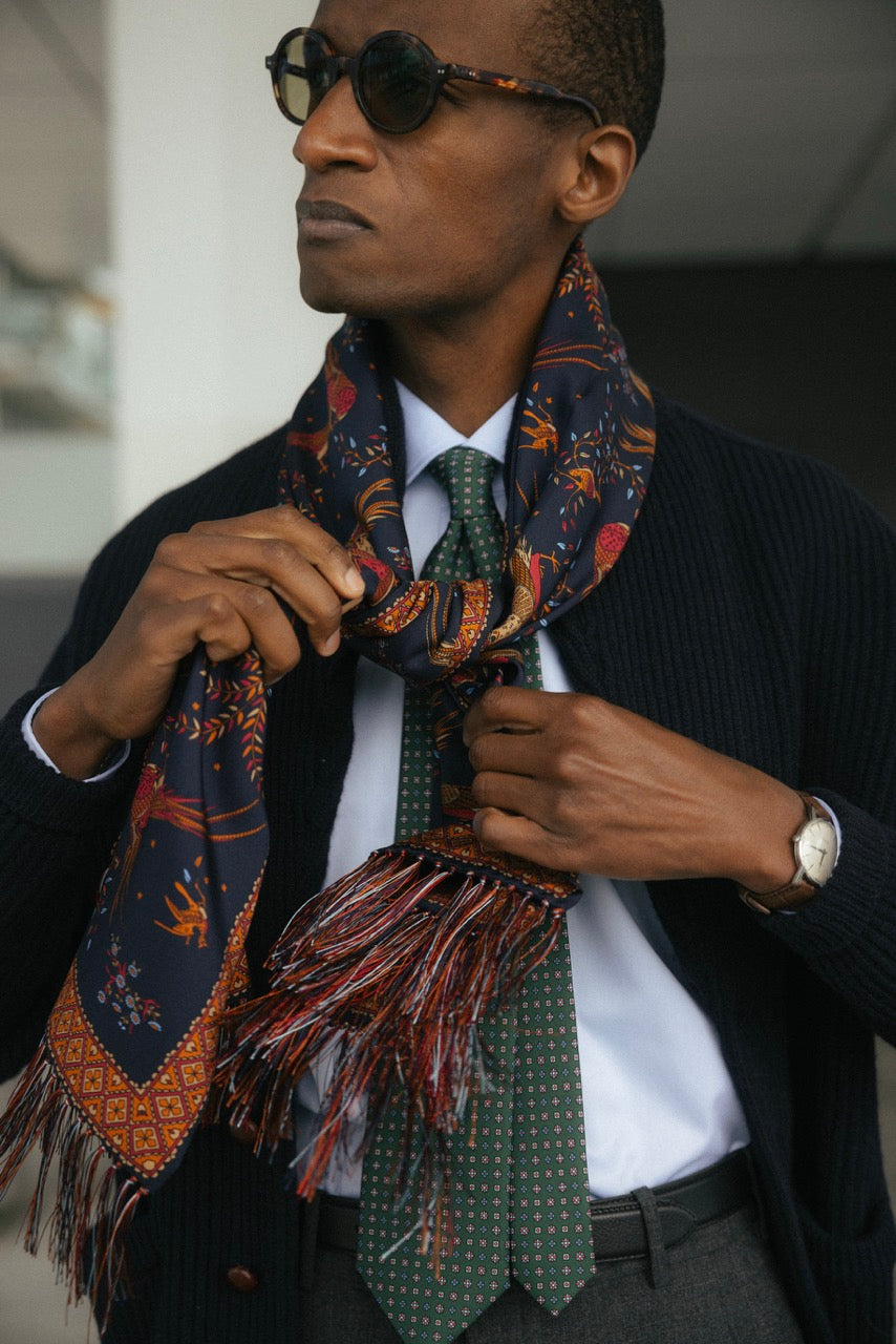 Navy Birds of Paradise Print Tubular Silk Tasselled Scarf