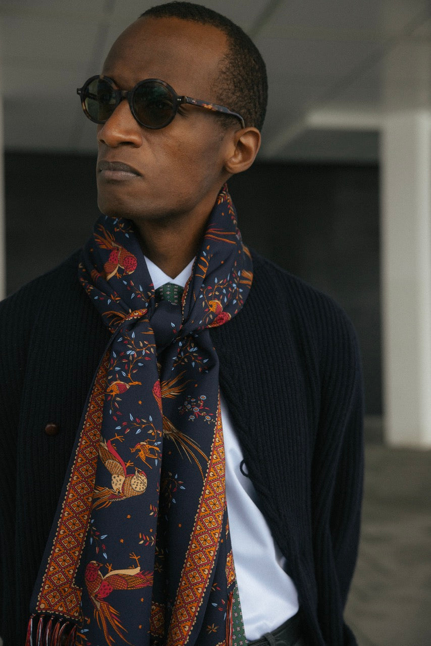 Navy Birds of Paradise Print Tubular Silk Tasselled Scarf