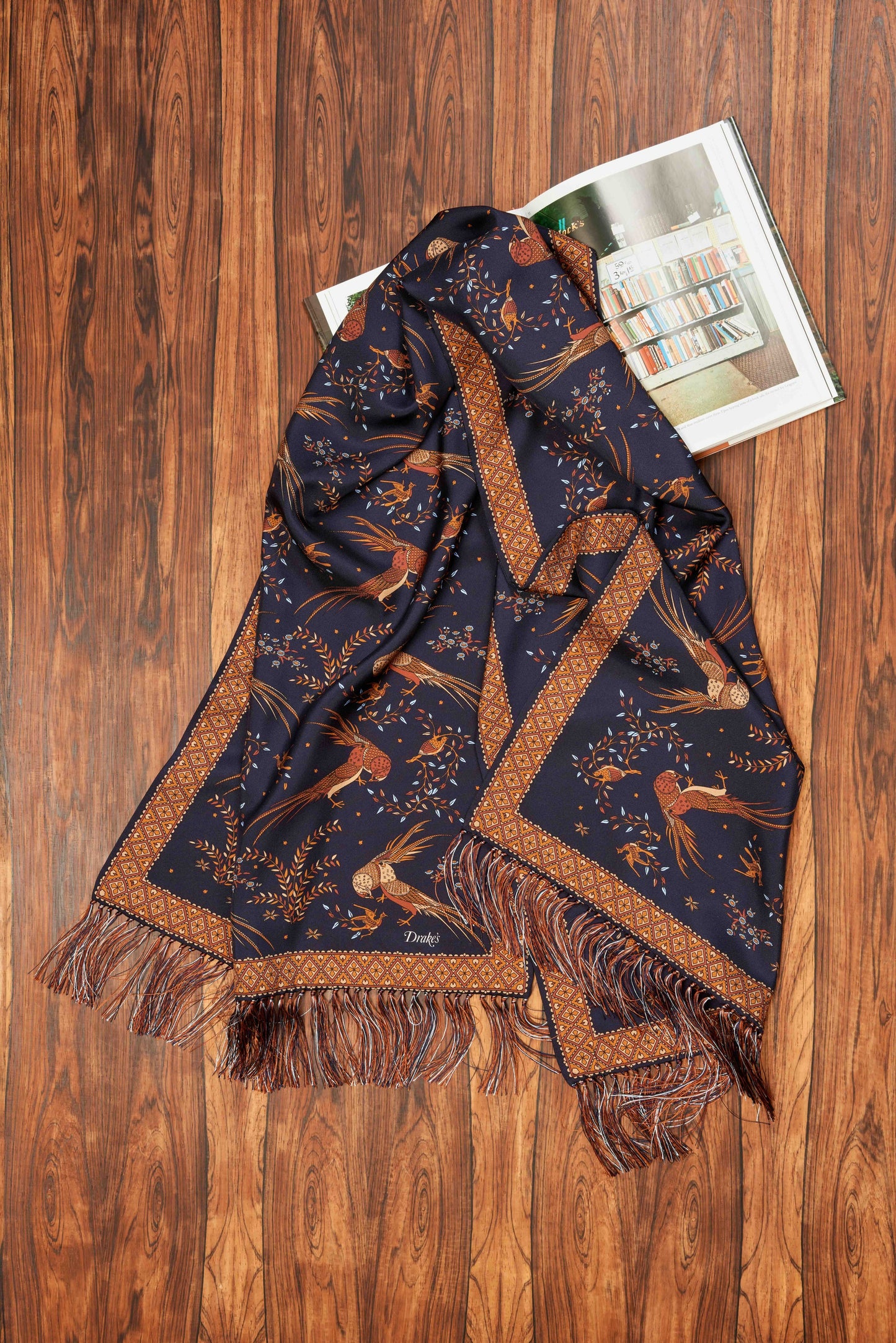 Navy Birds of Paradise Print Tubular Silk Tasselled Scarf