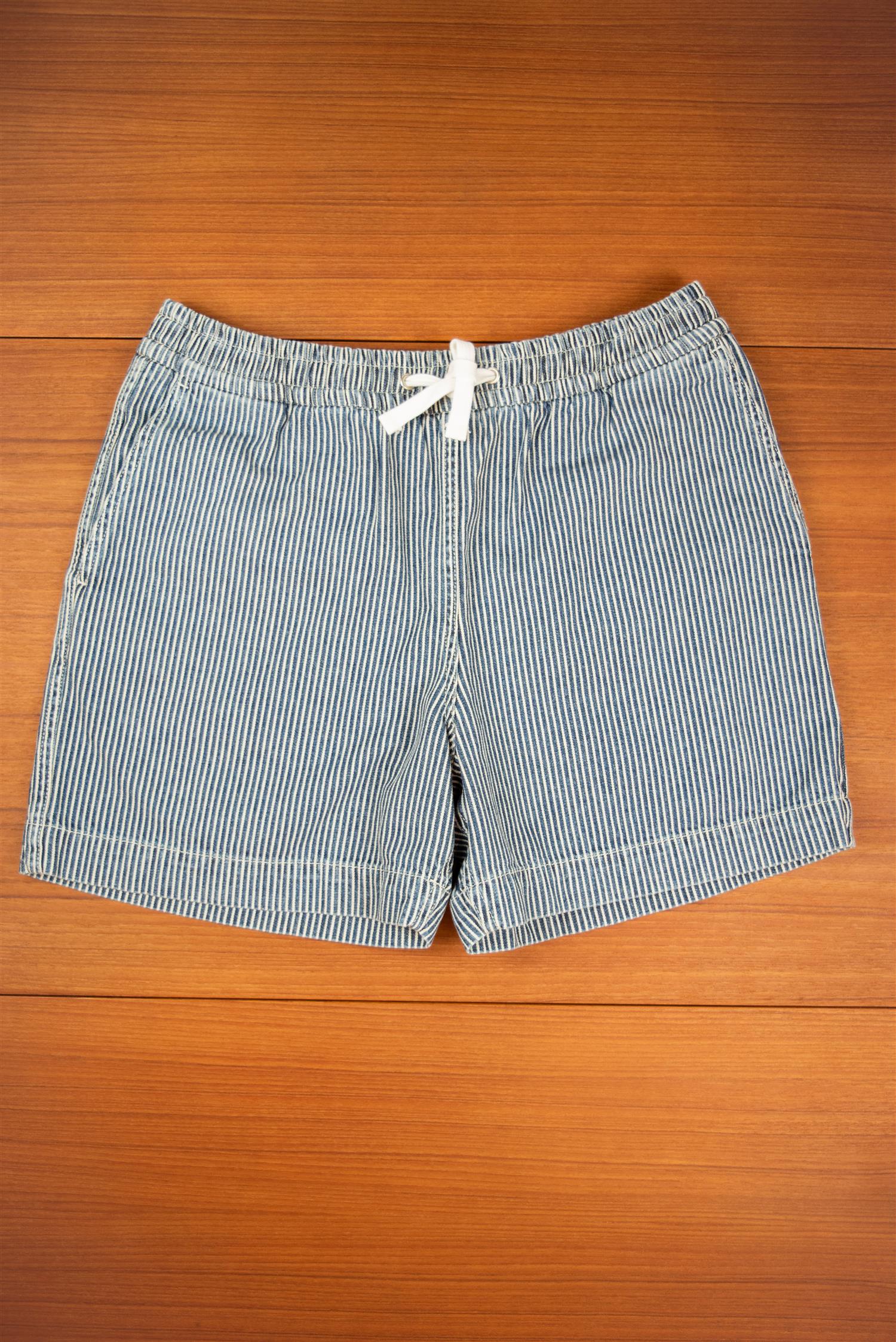 Indigo stripe drawstring shorts