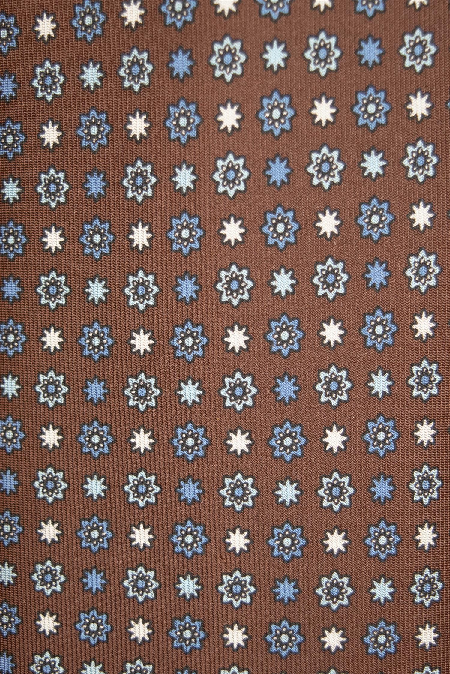 Brown and blue flower pattern 3-Fold Silk Tie
