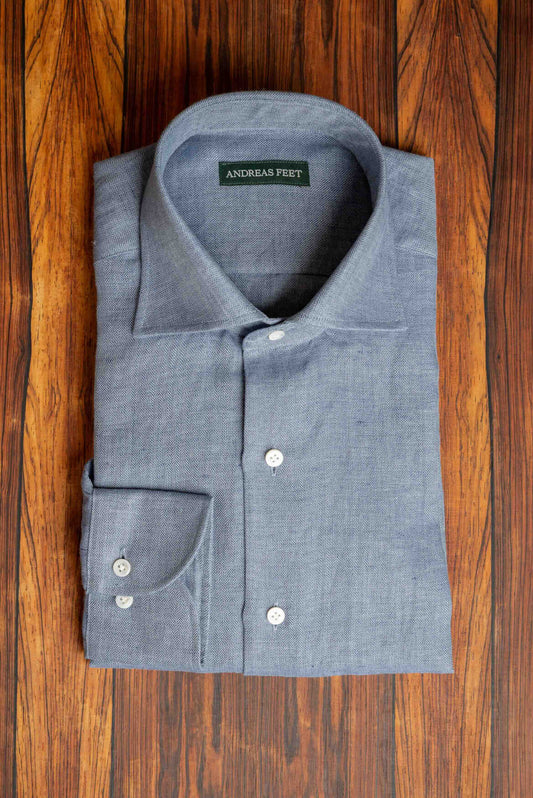 Ocean Blue  Herringbone Linen Spread Collar Shirt