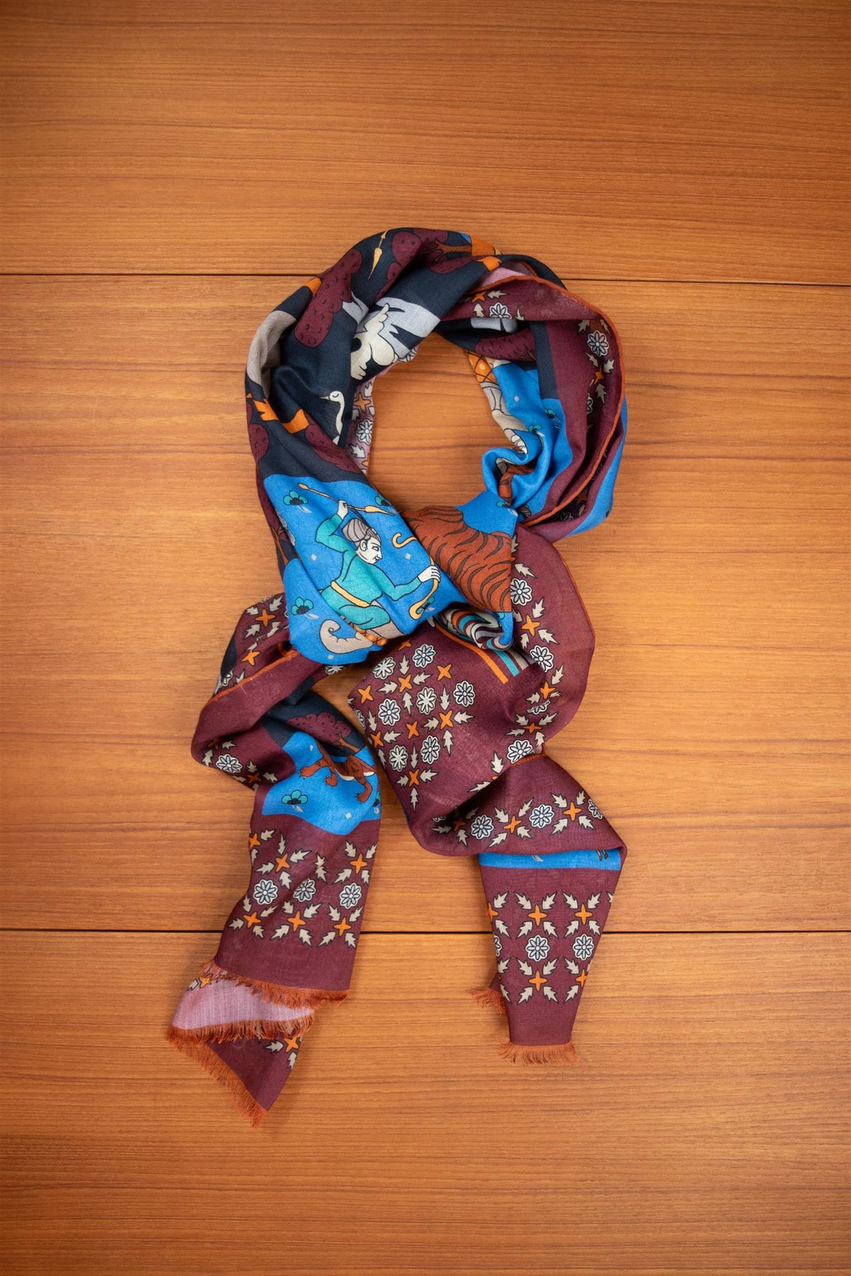 Burgundy Elephant Hunter Wool & Silk Scarf