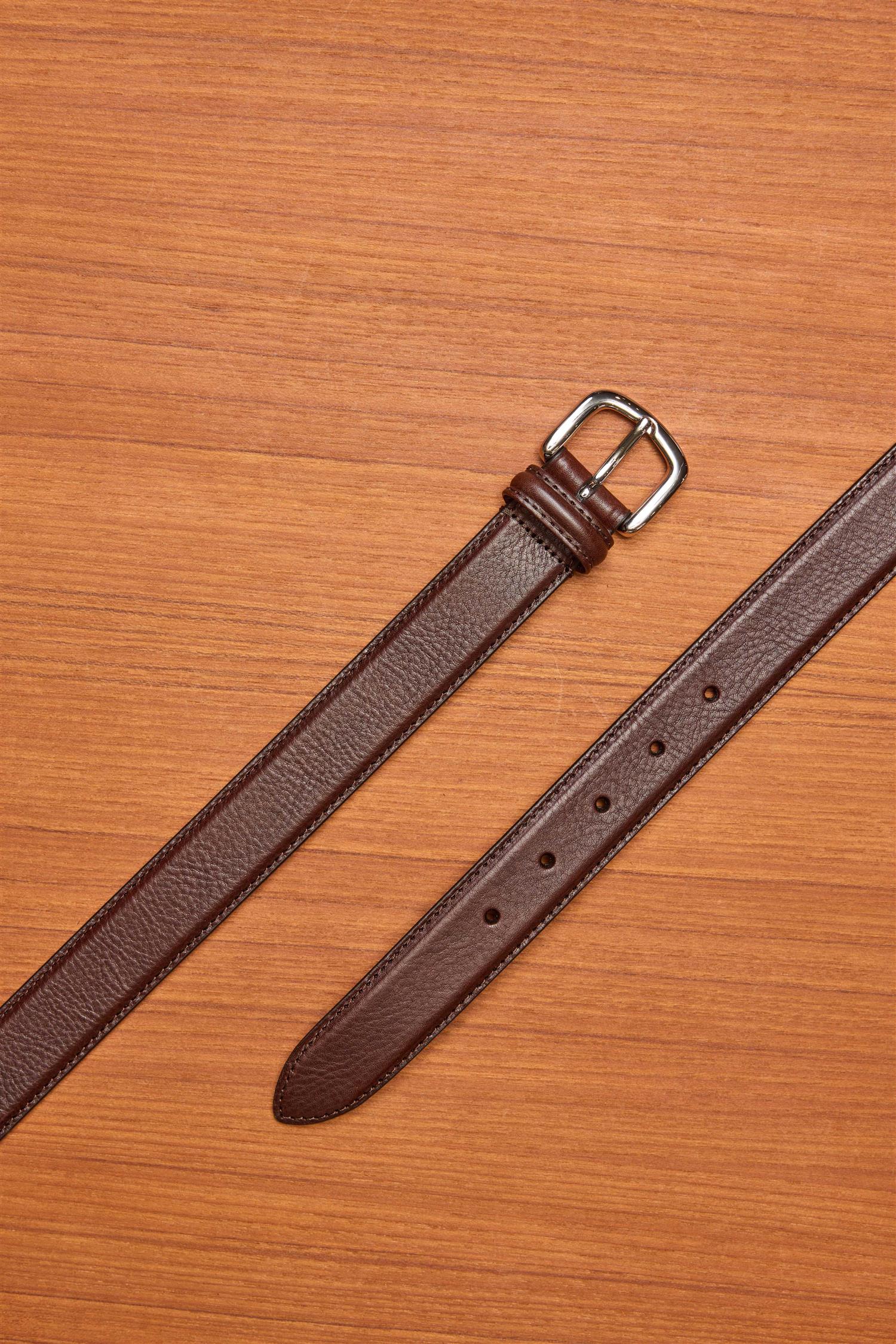Brown Grain Silver Buckle Leather Belt
