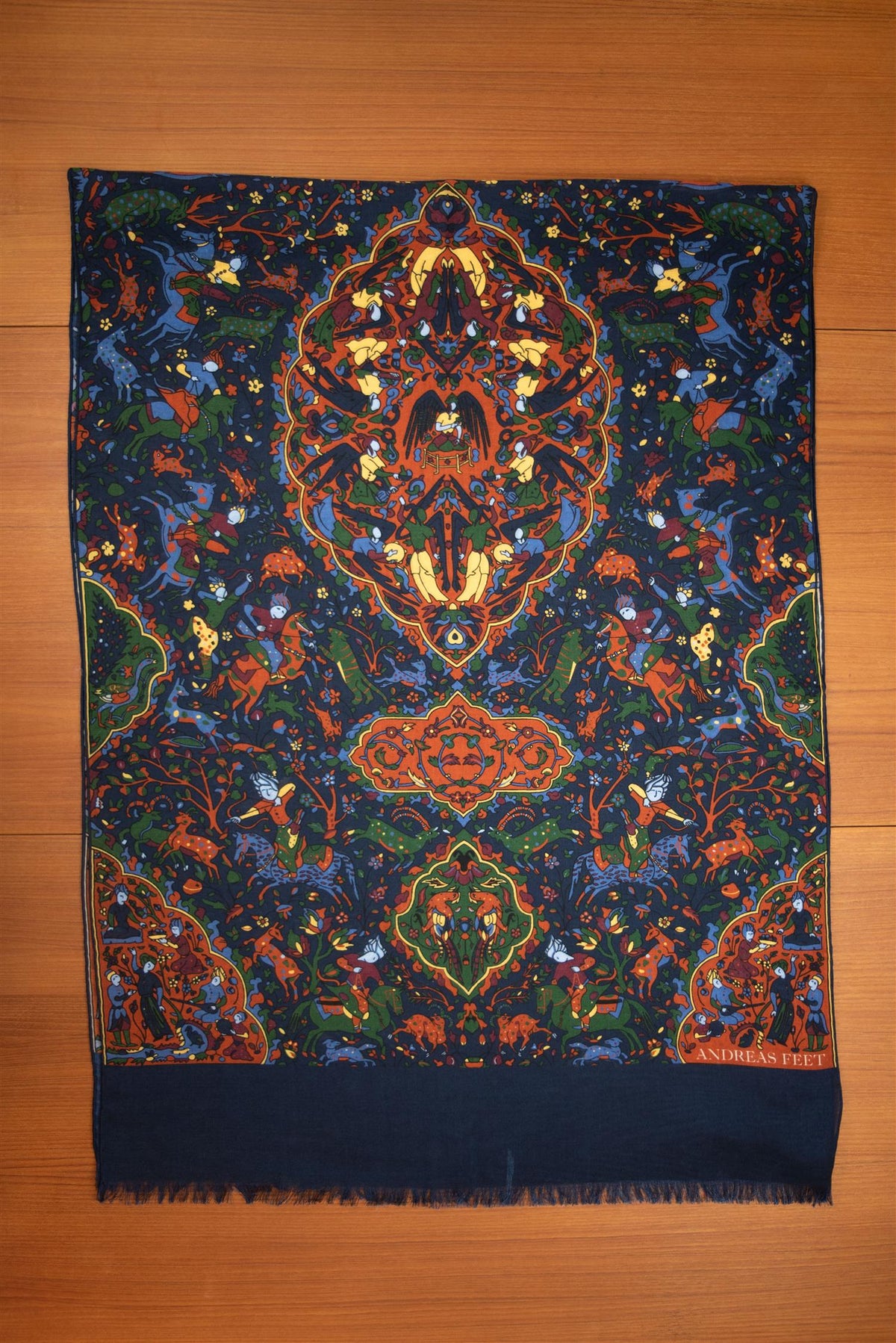 Navy & Orange Forest Hunting Wool & Silk Scarf