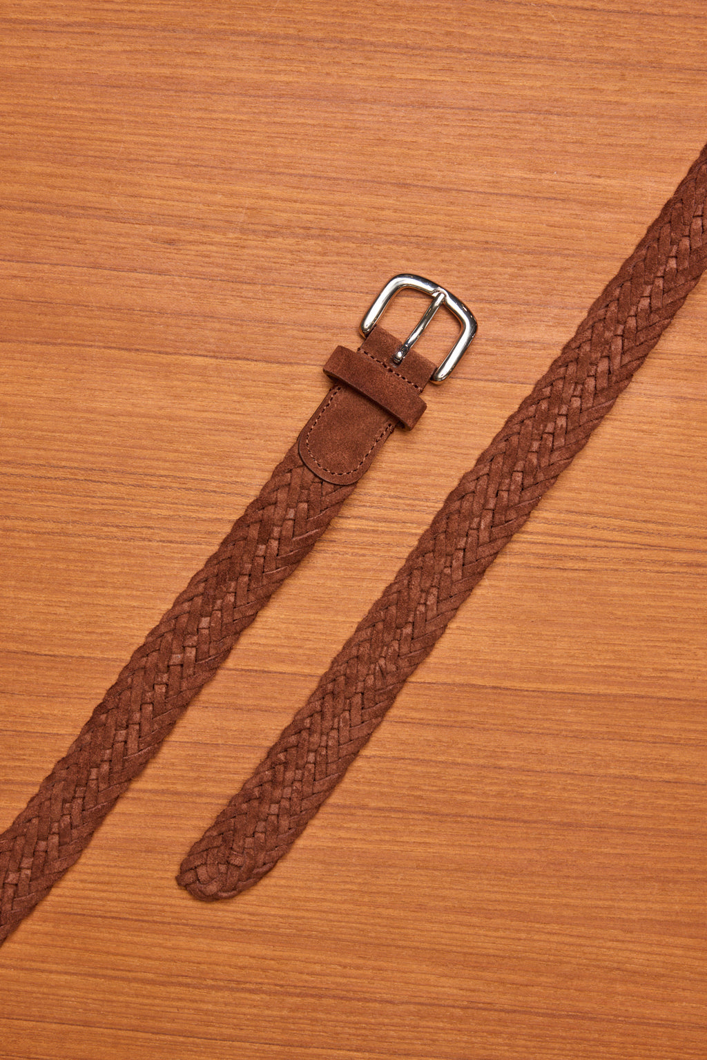 Dark Tan Braid Silver Buckle Suede Belt