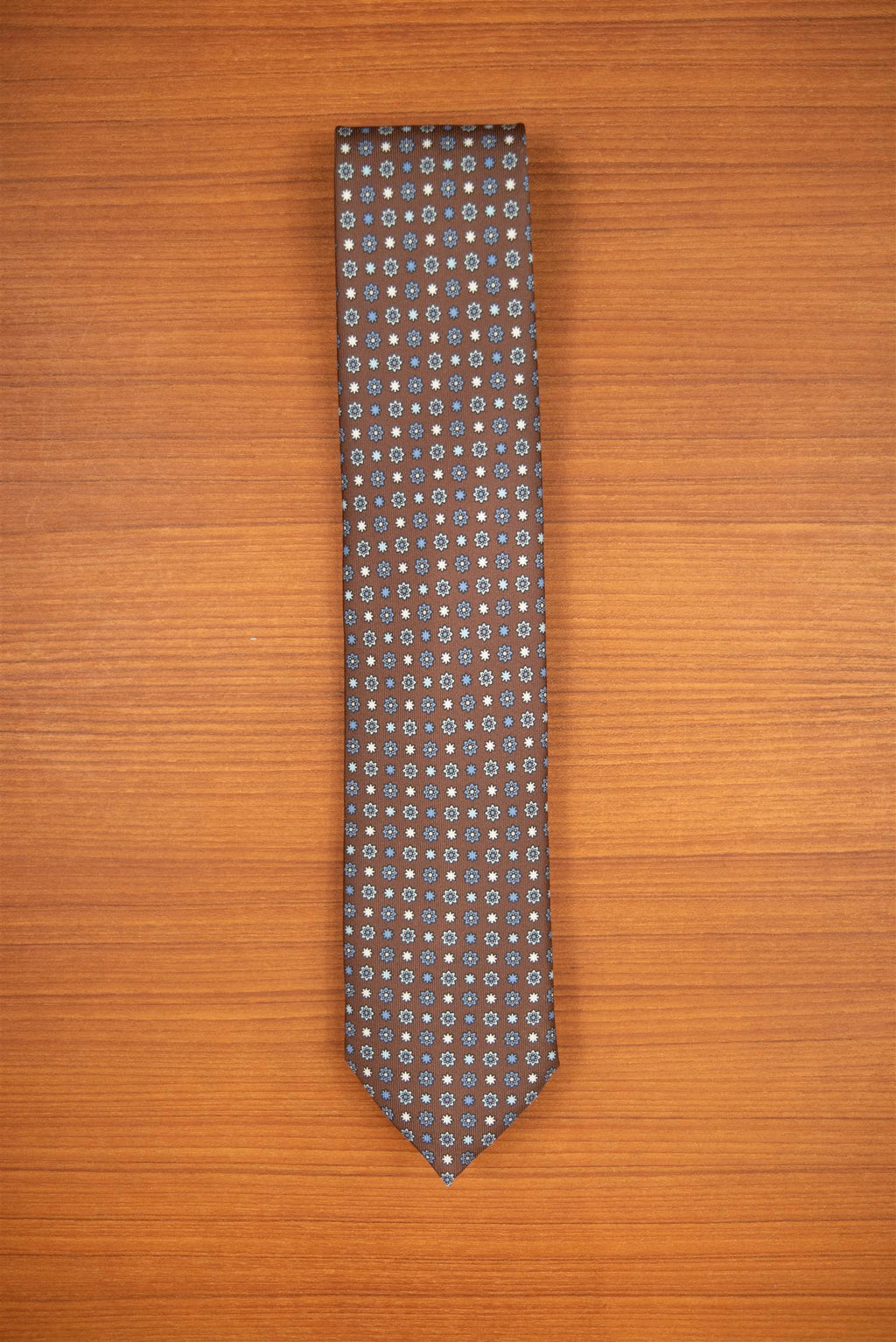 Brown and blue flower pattern 3-Fold Silk Tie