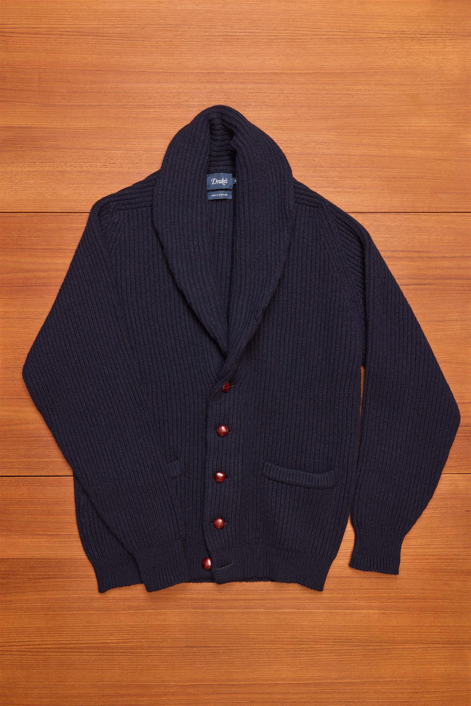 Navy Lambswool Shawl Collar Cardigan