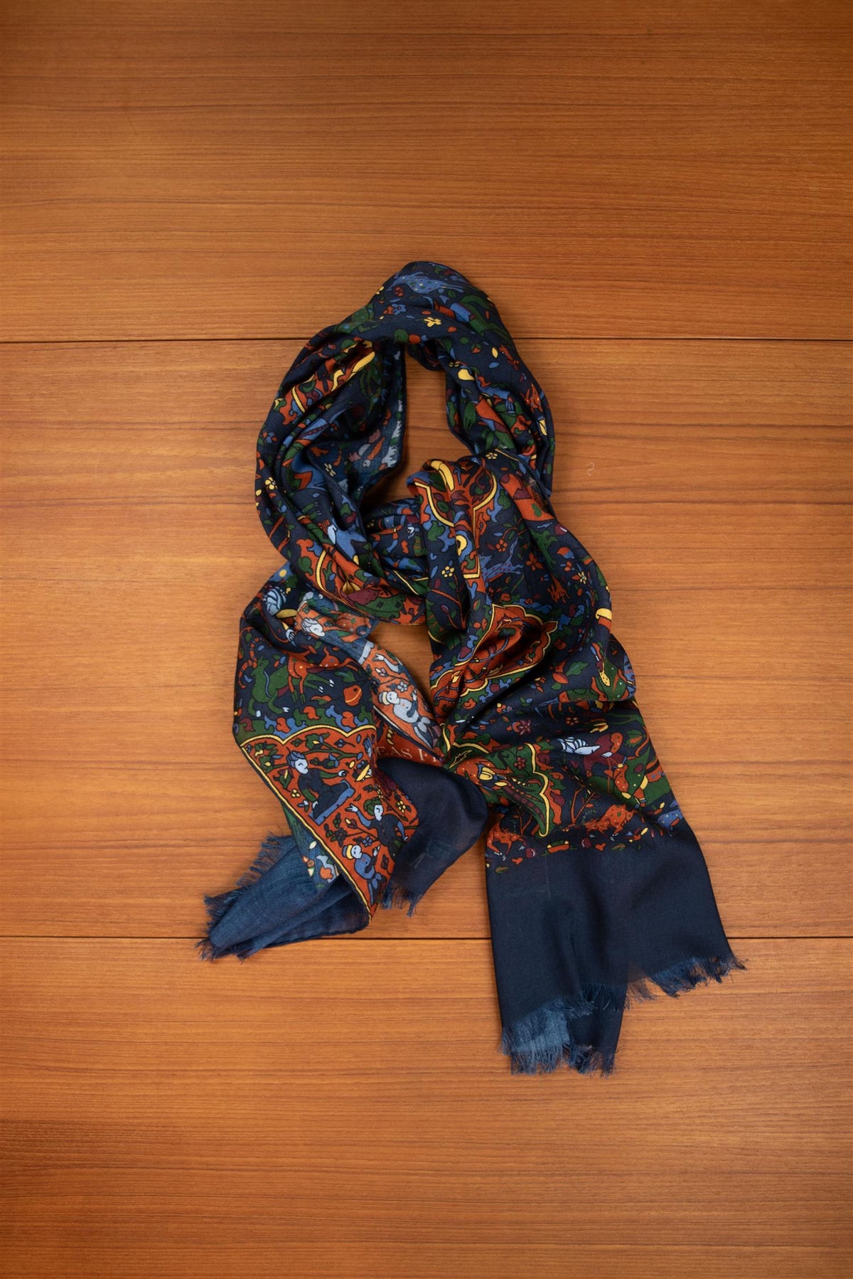 Navy & Orange Forest Hunting Wool & Silk Scarf