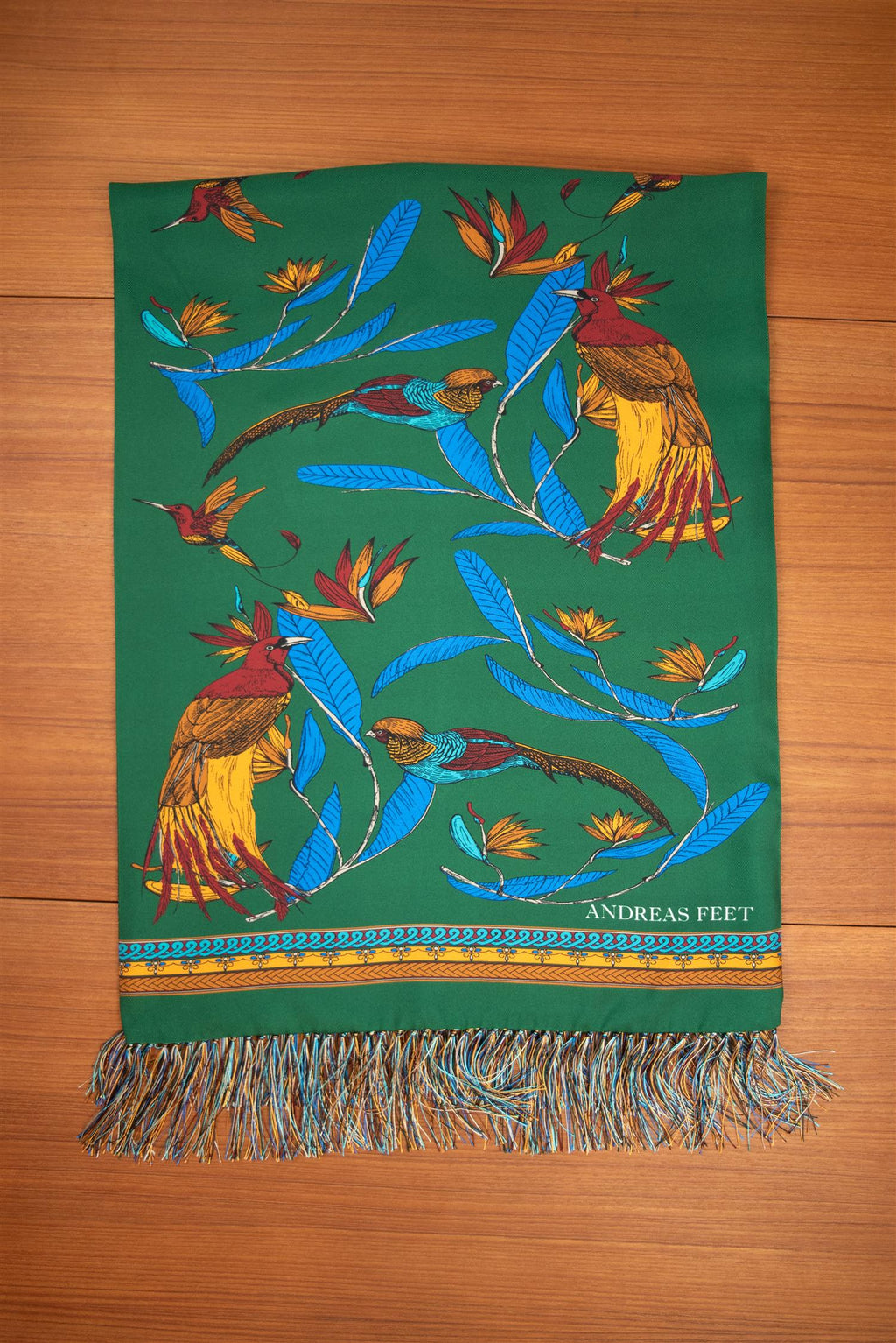 Emerald Peacock and Colibri 100% Silk Scarf