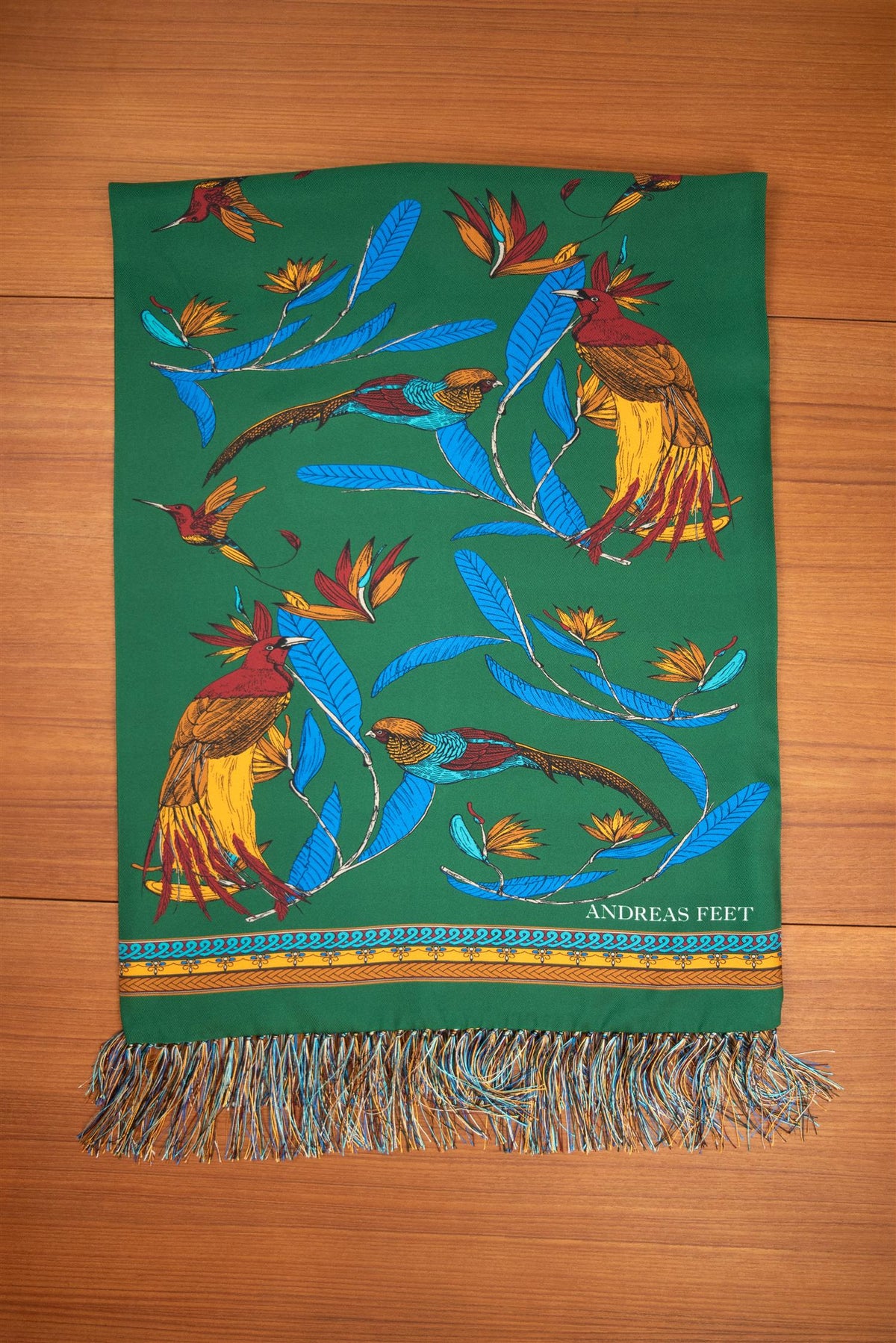 Emerald Peacock and Colibri 100% Silk Scarf