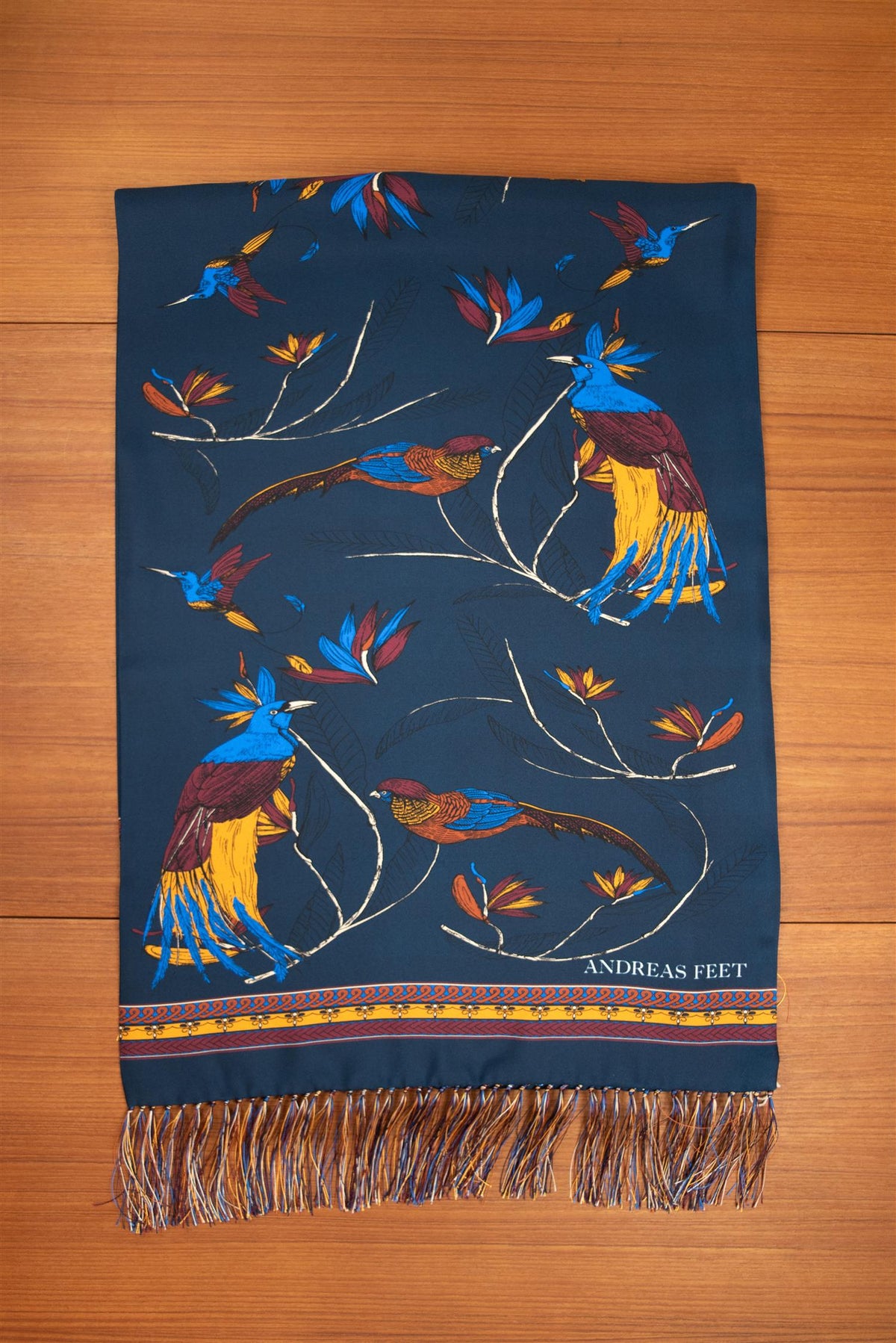 Navy Peacock and Colibri 100% Silk Scarf