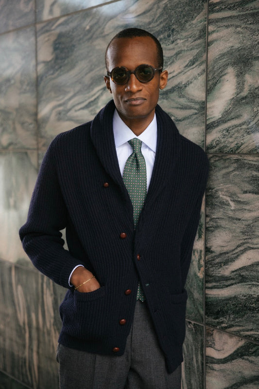 Navy Lambswool Shawl Collar Cardigan