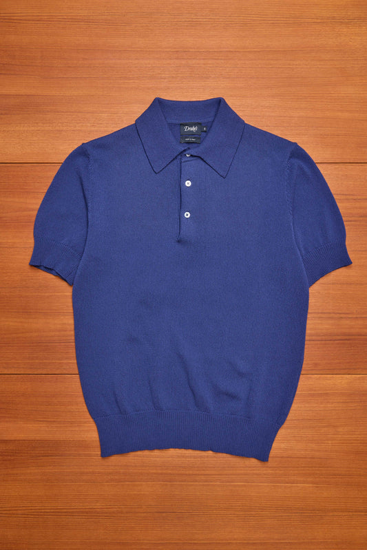 Blue Knitted Crepe Cotton Short-Sleeve Polo Shirt