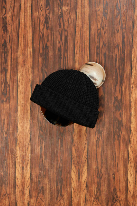 Black Chunky Rib Marl Cashmere Beanie