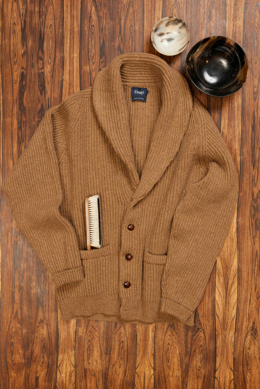 Camel Lambswool Shawl Collar Cardigan