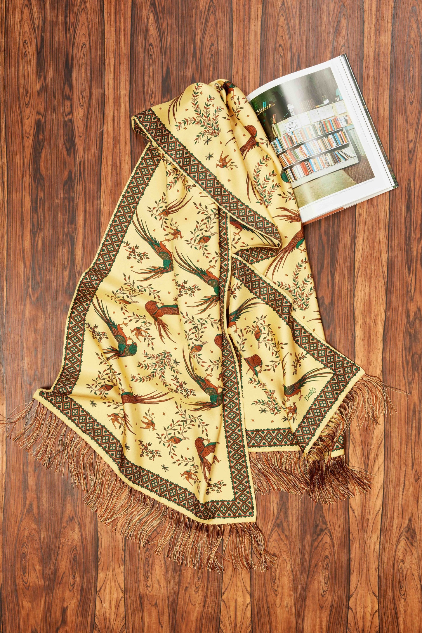 Yellow Birds of Paradise Print Tubular Silk Tasselled Scarf