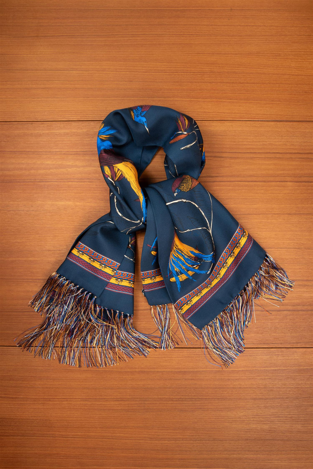Navy Peacock and Colibri 100% Silk Scarf