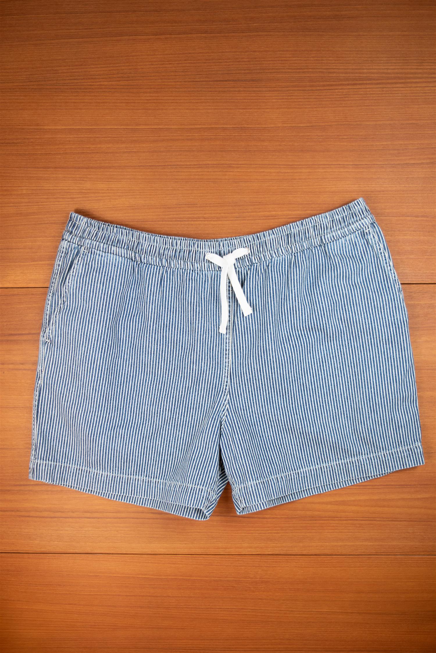 Indigo stripe drawstring shorts