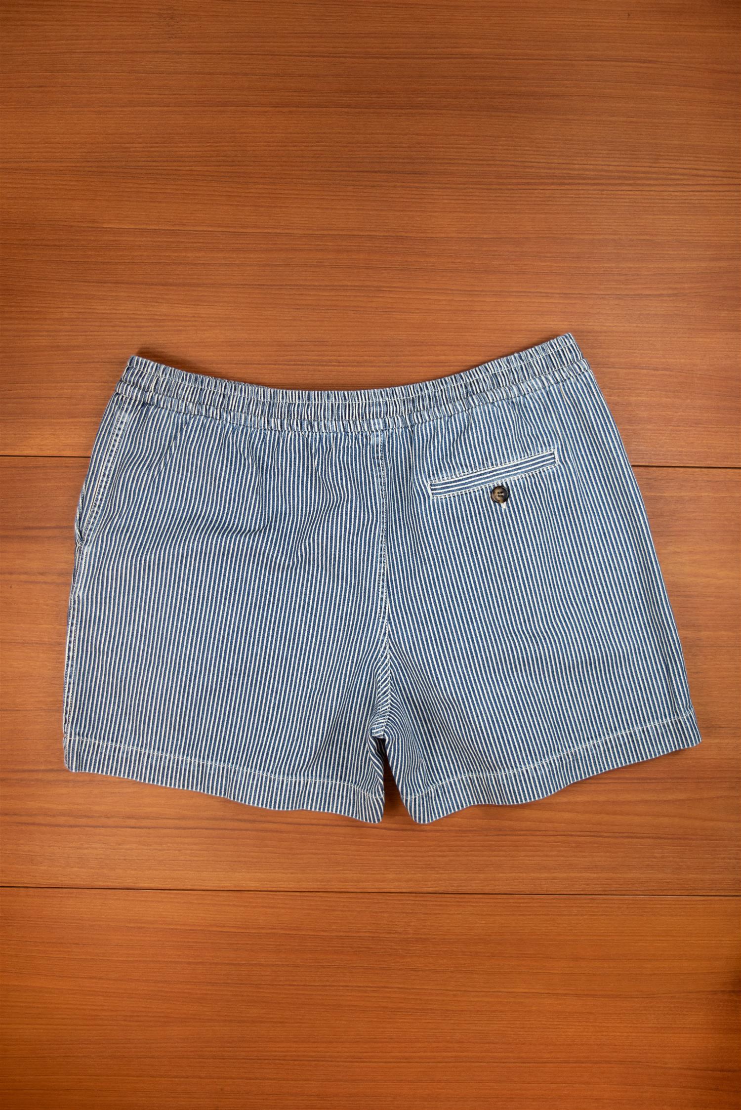 Indigo stripe drawstring shorts