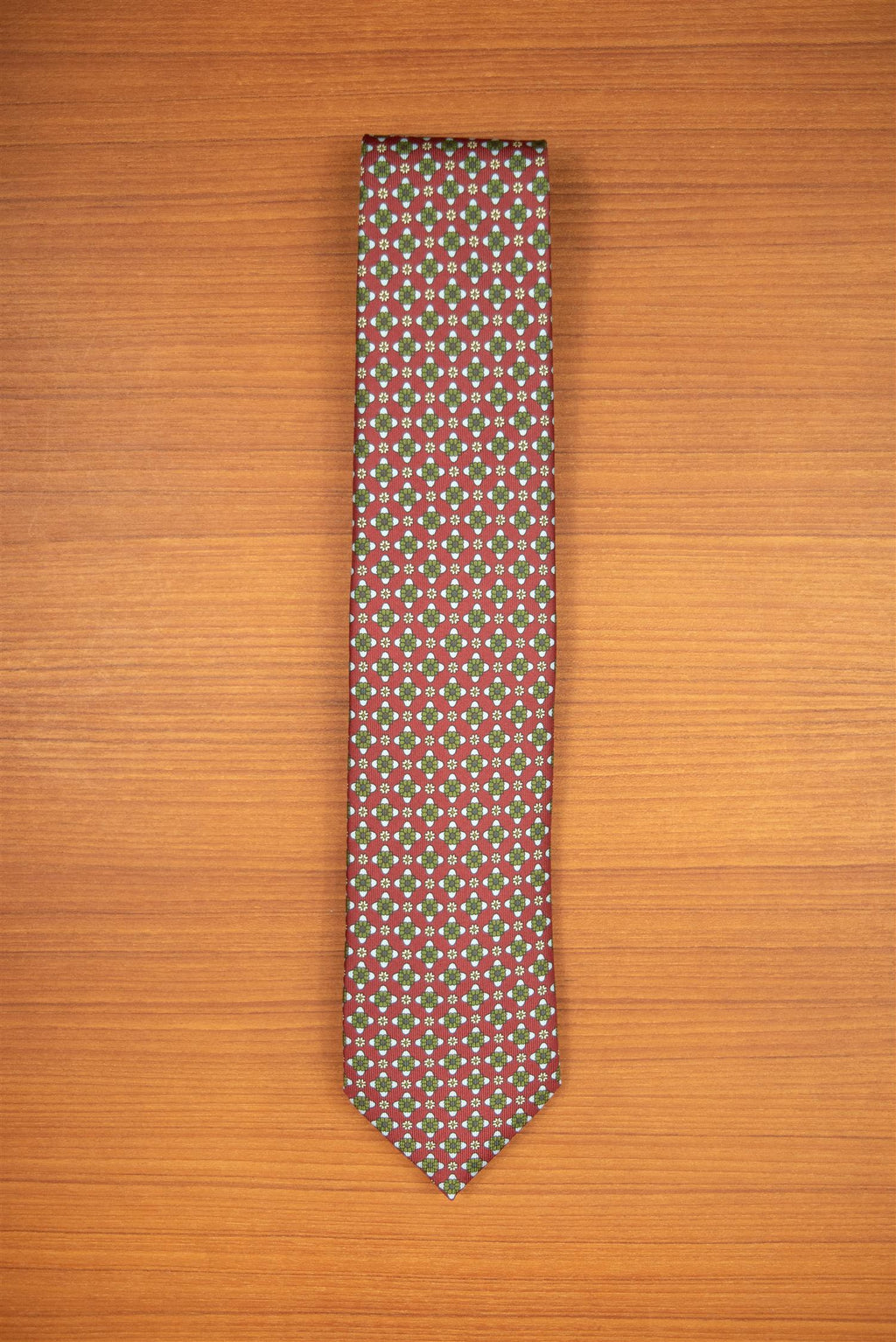 Green and red flower pattern 3-Fold Silk Tie